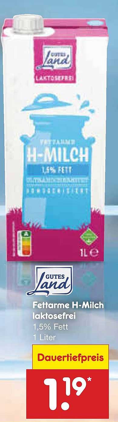 Gutes Land Fettarme H-Milch laktosefrei 1,5% Fett 1 Liter