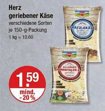 Herz geriebener Käse - verschiedene Sorten je 150-g-Packung