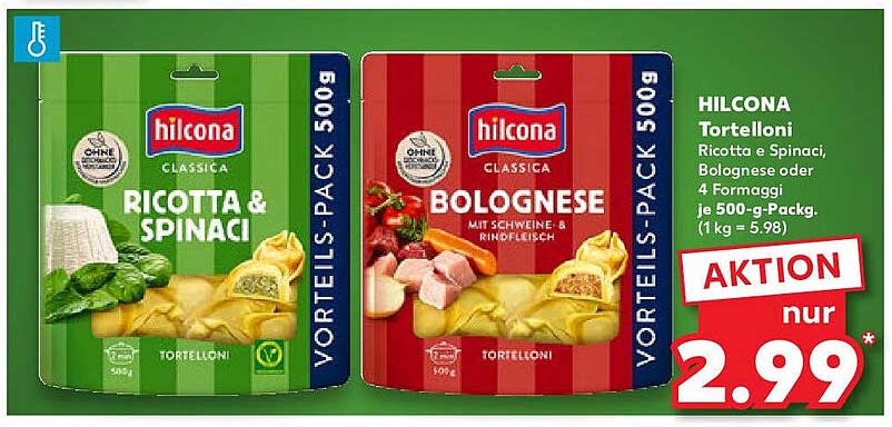 HILCONA Tortelloni Ricotta & Spinat oder Bolognese 500g