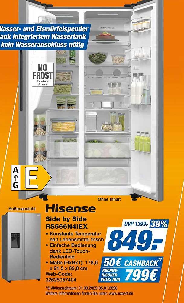 Hisense Side by Side Kühlschrank RS566N4IEX mit Wasser- und Eiswürfelspender