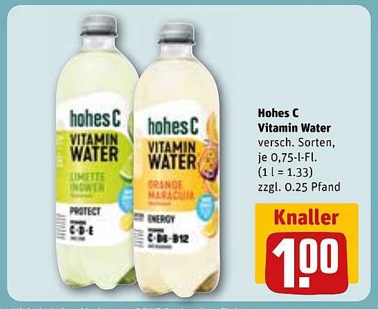 Hohes C Vitamin Water verschiedene Sorten, je 0,75-L-Fl.