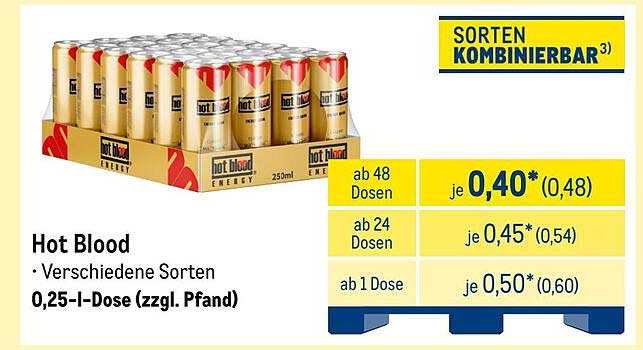 Hot Blood Energy - Verschiedene Sorten 0,25-l-Dose (zzgl. Pfand)