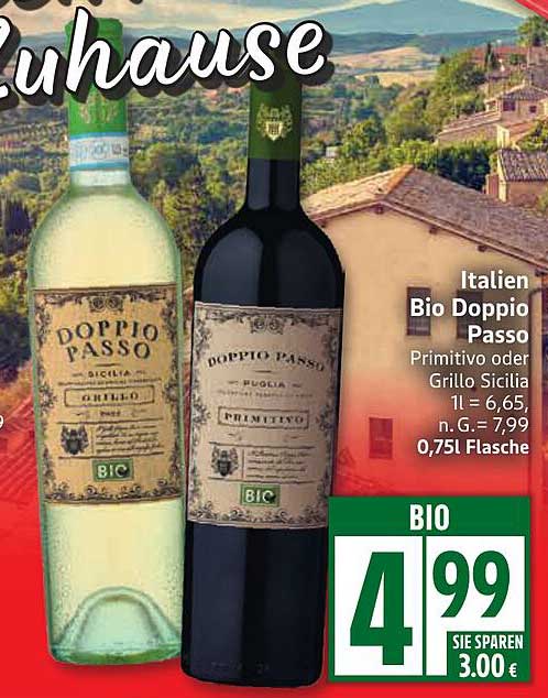 Italien Bio Doppio Passo Primitivo oder Grillo Sicilia 0,75L Flasche
