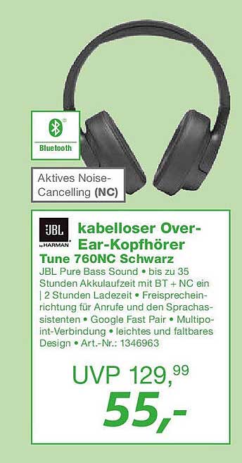 JBL kabelloser Over-Ear-Kopfhörer Tune 760NC Schwarz