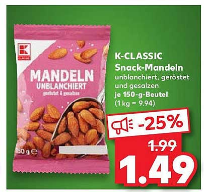 K-CLASSIC Snack-Mandeln unblanchiert, geröstet und gesalzen 150-g-Beutel