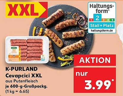 K-PURLAND Cevapcici XXL aus Putenfleisch je 600-g-Großpackung
