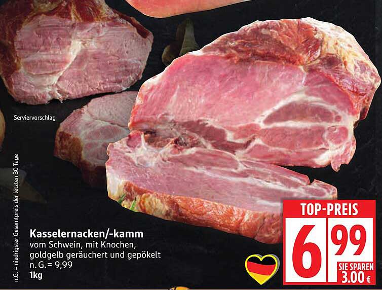Kasseler Nacken/-kamm vom Schwein, mit Knochen, goldgelb geräuchert und gepökelt