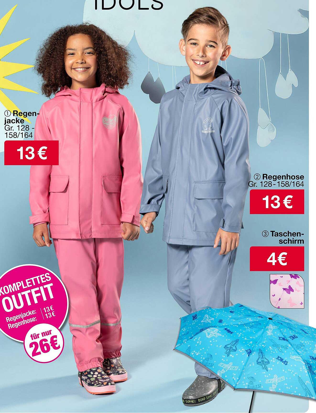 Komplettes Wetter-Outfit für Kinder – Regenjacke, Regenhose und Taschenschirm