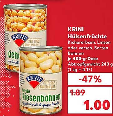 KRINI Hülsenfrüchte Kichererbsen, Linsen oder verschiedene Sorten Bohnen je 400-g-Dose