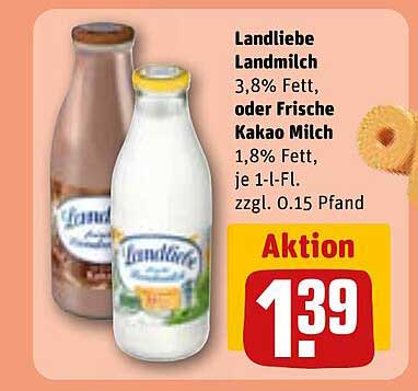 Landliebe Landmilch 3,8% Fett oder Frische Kakao Milch 1,8% Fett, je 1-l-Fl.