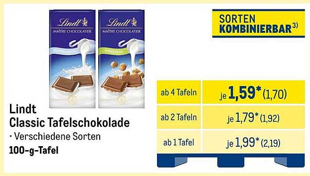 Lindt Classic Tafelschokolade - Verschiedene Sorten 100-g-Tafel