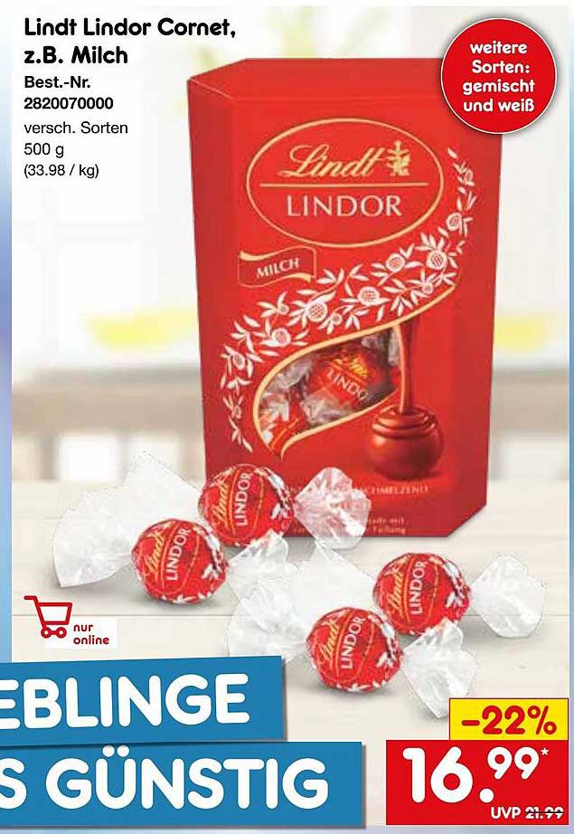 Lindt Lindor Cornet, z.B. Milch - 500 g