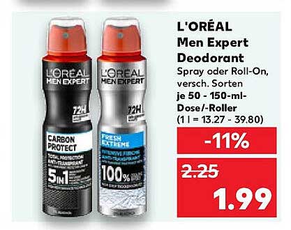 L'ORÉAL Men Expert Deodorant Spray oder Roll-On 50 - 150 ml
