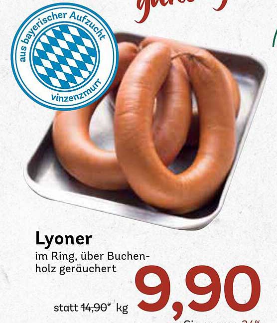 Lyoner im Ring, über Buchenholz geräuchert