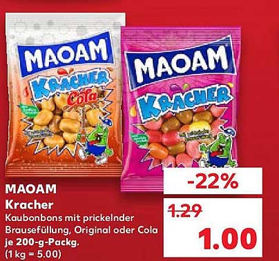 MAOAM Kracher Kaubonbons mit prickelnder Brausefüllung – Original oder Cola, je 200-g-Pack.