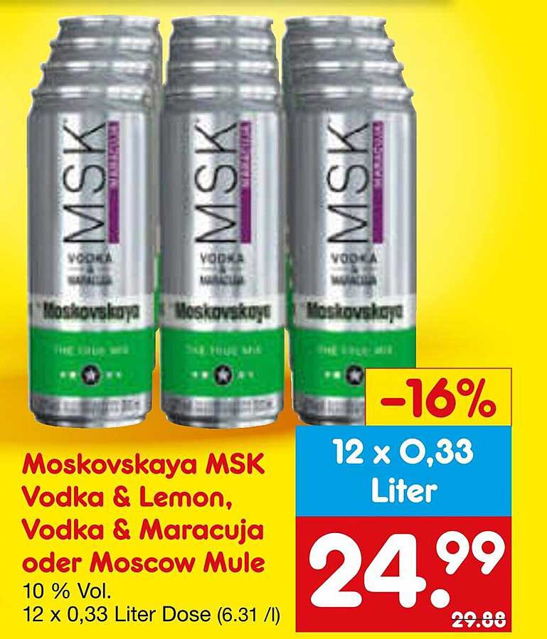 Moskovskaya MSK Vodka & Lemon, Vodka & Maracuja oder Moscow Mule 12 x 0,33 Liter