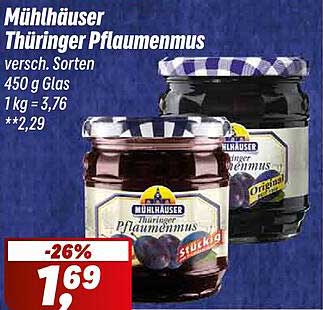 Mühlhäuser Thüringer Pflaumenmus, verschiedene Sorten, 450 g Glas