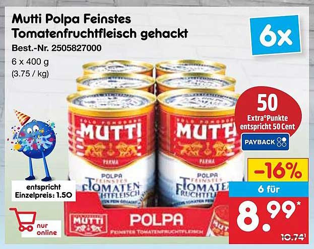 Mutti Polpa Feinstes Tomatenfruchtfleisch gehackt 6 x 400 g