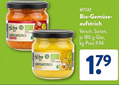 MYVAY Bio-Gemüseaufstrich, verschiedene Sorten, je 180-g-Glas, kg-Preis 9,94