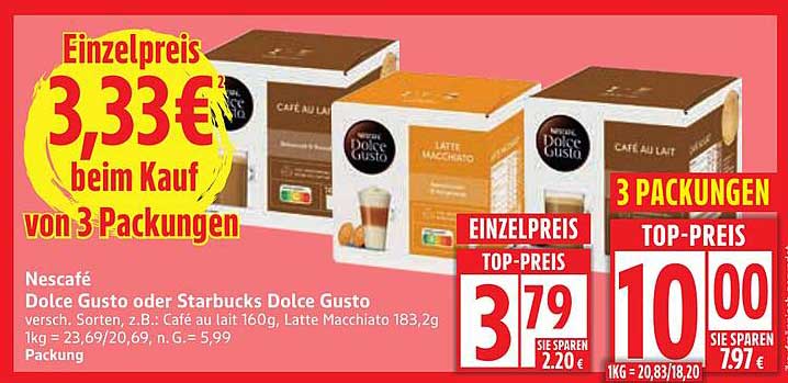 Nescafé Dolce Gusto oder Starbucks Dolce Gusto - 3 Packungen zum Top-Preis!