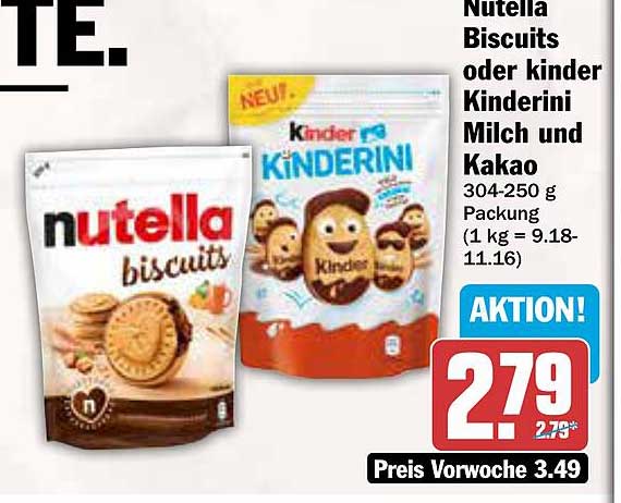 Nutella Biscuits oder Kinder Kinderini Milch und Kakao 304-250 g Packung