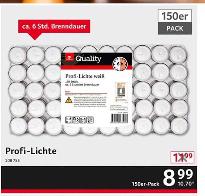 Profi-Lichte weiß - 150 Stück, ca. 6 Stunden Brenndauer
