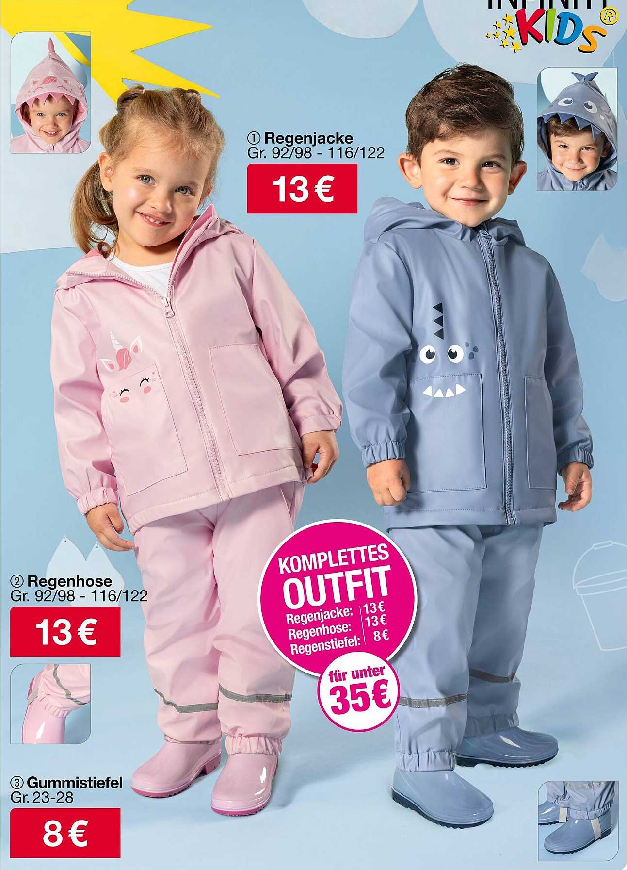 Regenjacke, Regenhose und Gummistiefel – Komplettes Outfit für Kinder