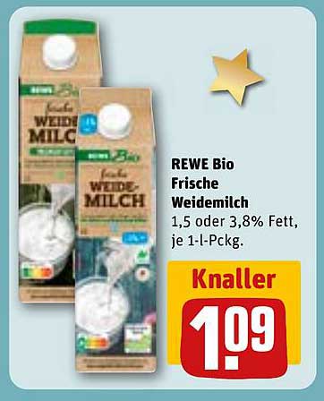 REWE Bio Frische Weidemilch 1,5 oder 3,8 % Fett, je 1-L-Pckg.