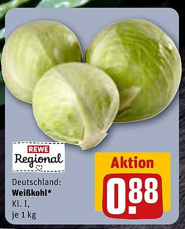REWE Regional Weißkohl, Klasse I, je 1 kg