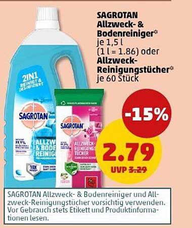 SAGROTAN Allzweck- & Bodenreiniger 1,5L oder Allzweck-Reinigungstücher 60 Stück