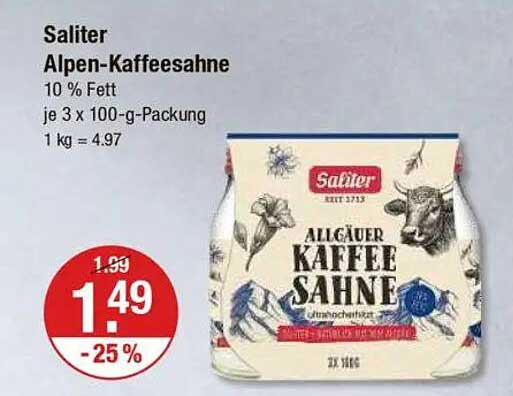 Saliter Alpen-Kaffeesahne 10% Fett 3 x 100-g-Packung