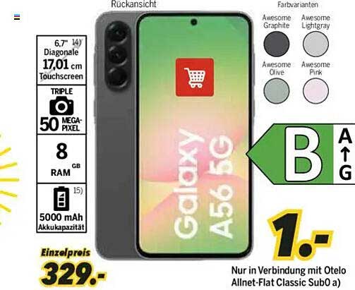 Samsung Galaxy A56 5G – Nur 1€ in Verbindung mit Otelo Allnet-Flat Classic Sub0 a)