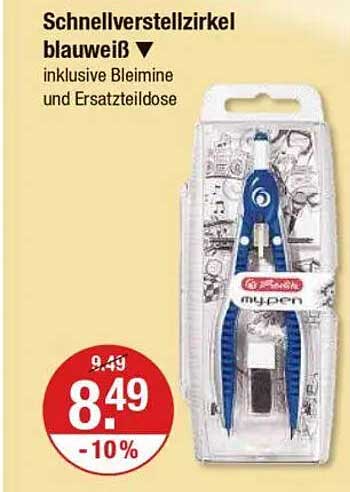 Schnellverstellzirkel blau-weiß inklusive Bleimine und Ersatzteildose