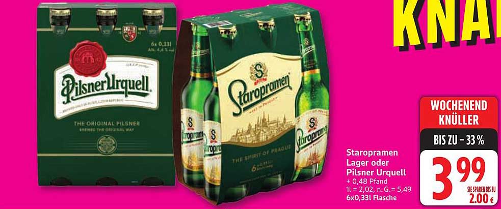 Staropramen Lager oder Pilsner Urquell 6x0,33L