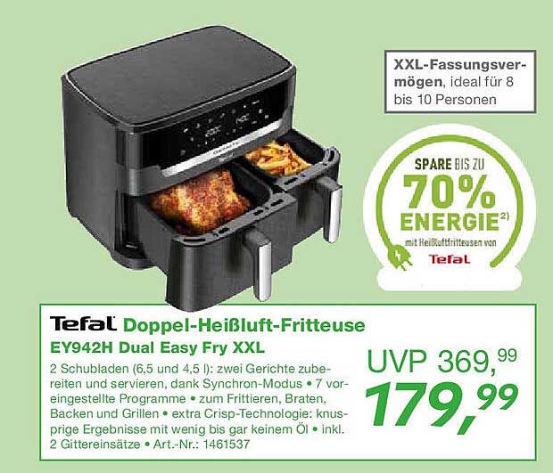 Tefal Doppel-Heißluft-Fritteuse EY942H Dual Easy Fry XXL