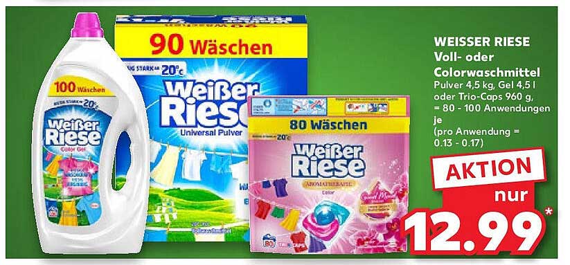 WEISSER RIESE Voll- oder Colorwaschmittel 4,5 kg, Gel 4,5 l oder Trio-Caps 960 g