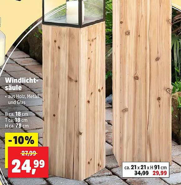 Windlichtsäule aus Holz, Metall und Glas