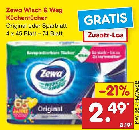 Zewa Wisch & Weg Küchentücher Original oder Sparblatt 4 x 45 Blatt – 74 Blatt