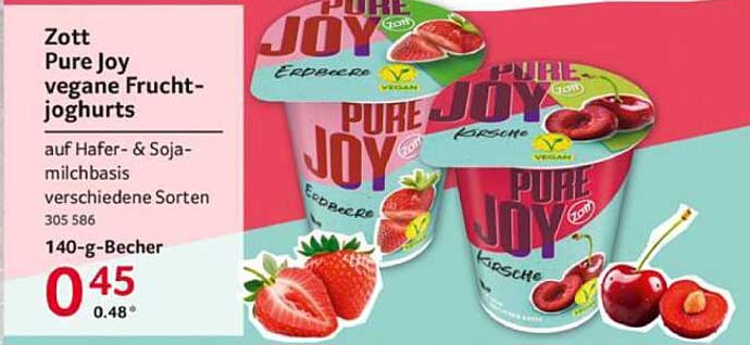 Zott Pure Joy vegane Fruchtjoghurts auf Hafer- & Sojamilchbasis, 140-g-Becher