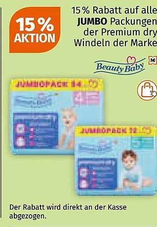 15 % Rabatt auf alle JUMBO Packungen der Premium dry Windeln der Marke BeautyBaby