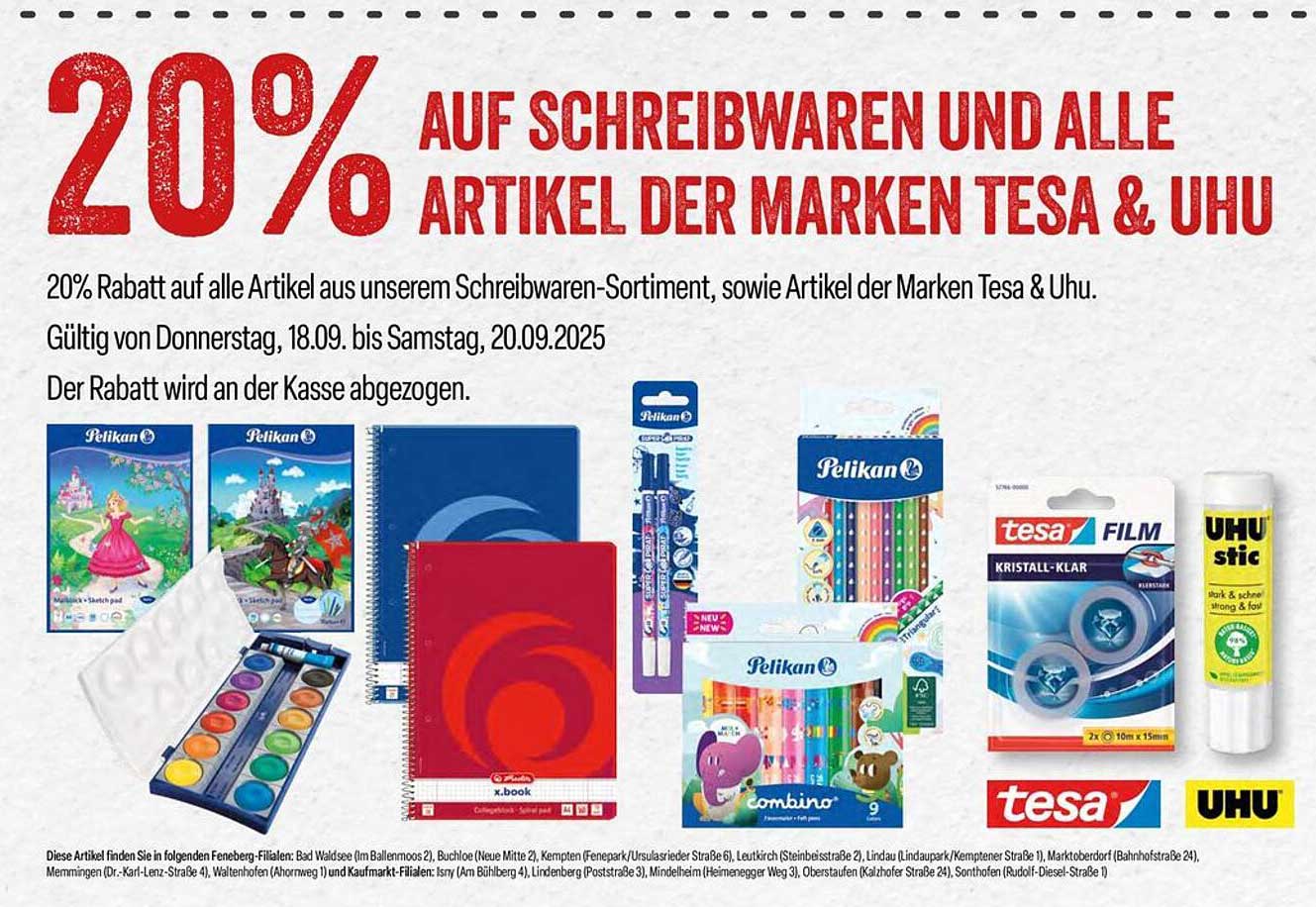 20% Rabatt auf Schreibwaren und alle Artikel der Marken Tesa & Uhu