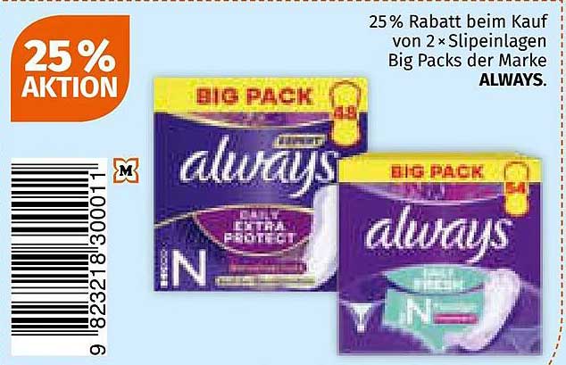 25 % Rabatt auf Big Packs von ALWAYS Slipeinlagen