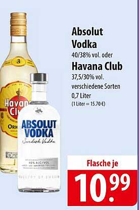 Absolut Vodka 40% vol. oder Havana Club 37,5% vol. - 0,7 Liter Flasche