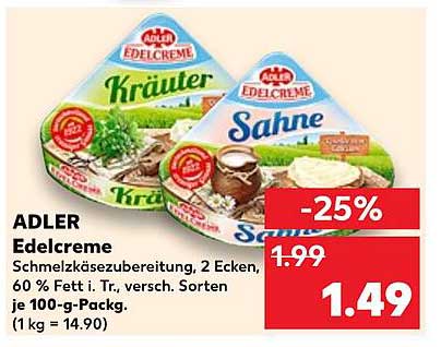ADLER Edelcreme Schmmelzkäsezubereitung, 2 Ecken, 60 % Fett i. Tr., versch. Sorten