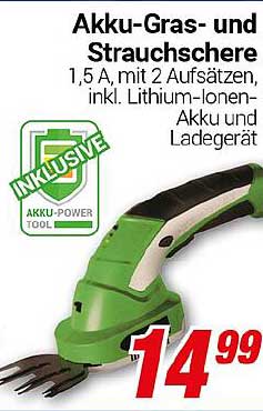 Akku-Gras- und Strauchschere 1,5 A, mit 2 Aufsätzen, inkl. Lithium-Ionen-Akku und Ladegerät