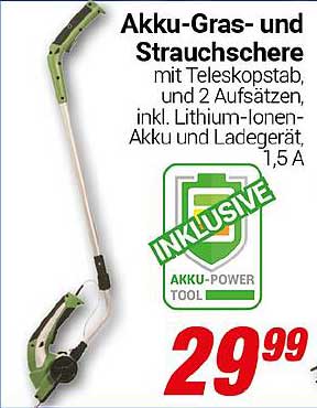 Akku-Gras- und Strauchschere mit Teleskopstab und 2 Aufsätzen, inkl. Lithium-Ionen-Akku und Ladegerät, 1,5 A