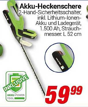 Akku-Heckenschere 2-Hand-Sicherheitsschalter, inkl. Lithium-Ionen-Akku und Ladegerät