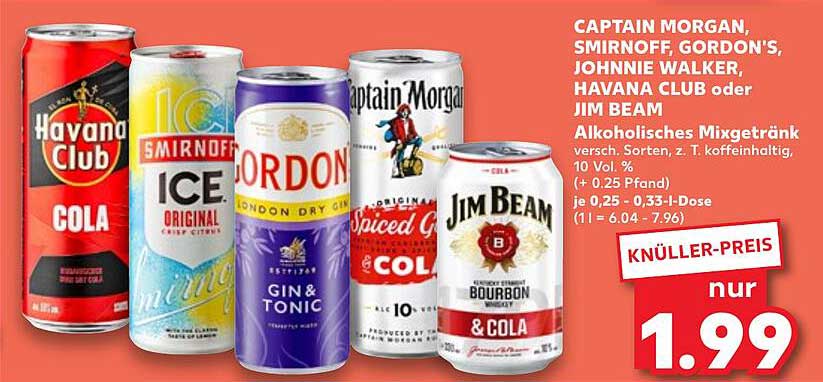 Alkoholfreies Mixgetränk: Captain Morgan, Smirnoff, Gordon's, Johnnie Walker, Havana Club oder Jim Beam