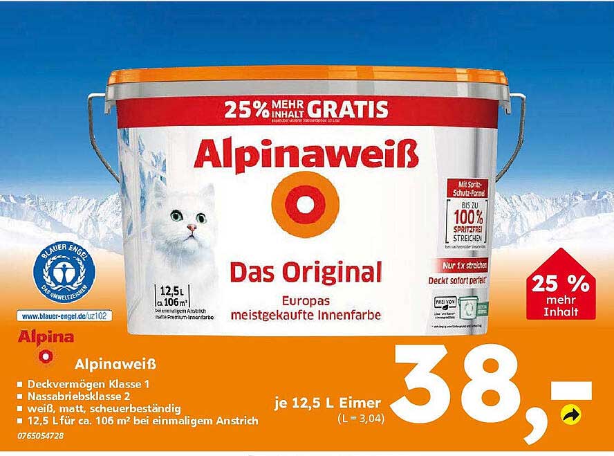 Alpinaweiß - Das Original, 12,5 L Eimer, 25 % mehr Inhalt