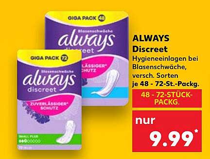 ALWAYS Discreet Hygieneeinlagen, 48-72 Stück-Pack